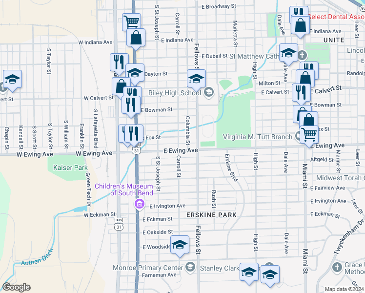 map of restaurants, bars, coffee shops, grocery stores, and more near 302-314 East Ewing Avenue in South Bend