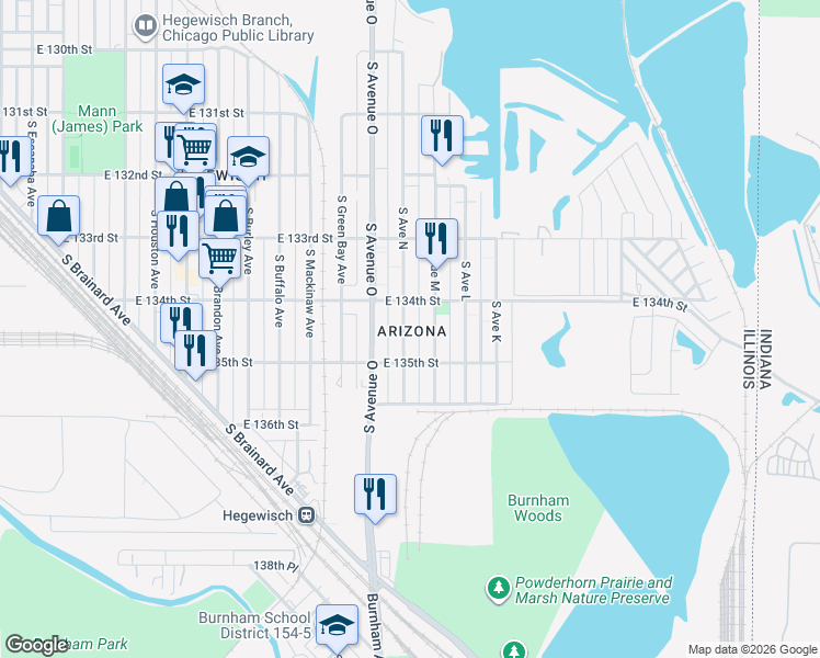 map of restaurants, bars, coffee shops, grocery stores, and more near 13445 South Avenue North in Chicago