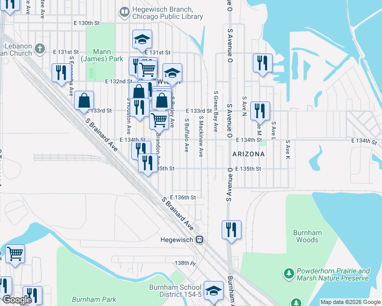 map of restaurants, bars, coffee shops, grocery stores, and more near 13447 South Buffalo Avenue in Chicago