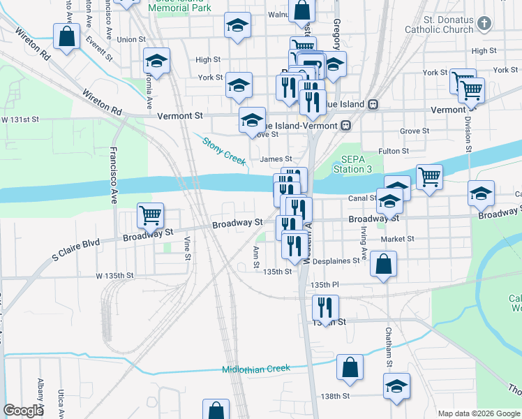 map of restaurants, bars, coffee shops, grocery stores, and more near 2524 Ann Street in Blue Island
