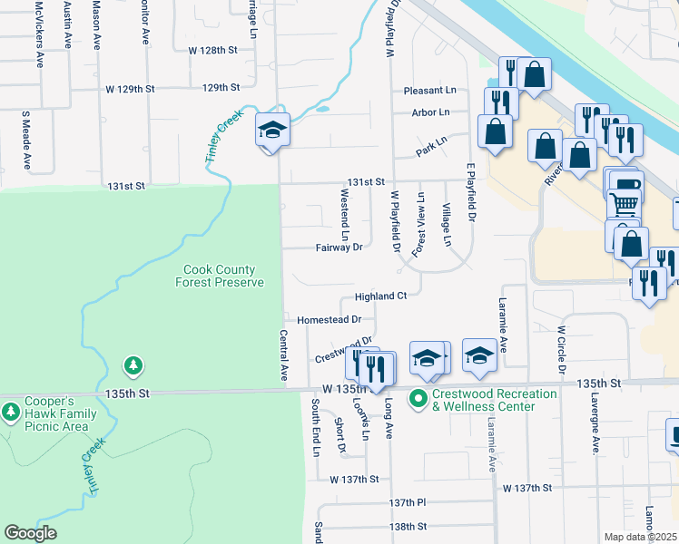 map of restaurants, bars, coffee shops, grocery stores, and more near 5440 Highland Court in Crestwood
