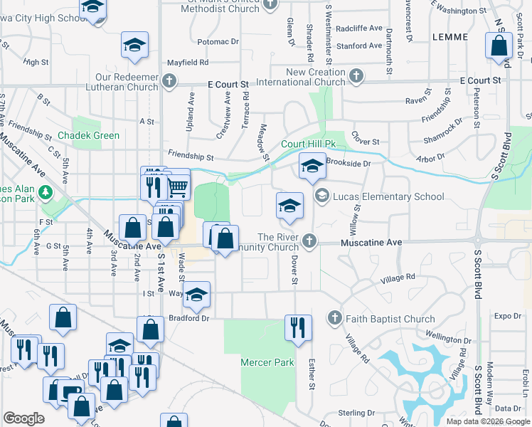 map of restaurants, bars, coffee shops, grocery stores, and more near 911 Dover Street in Iowa City