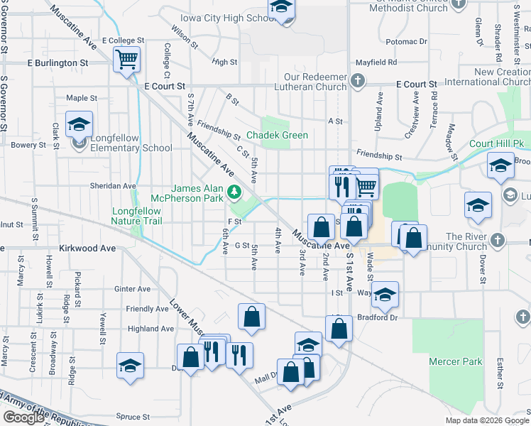 map of restaurants, bars, coffee shops, grocery stores, and more near 1903 F Street in Iowa City