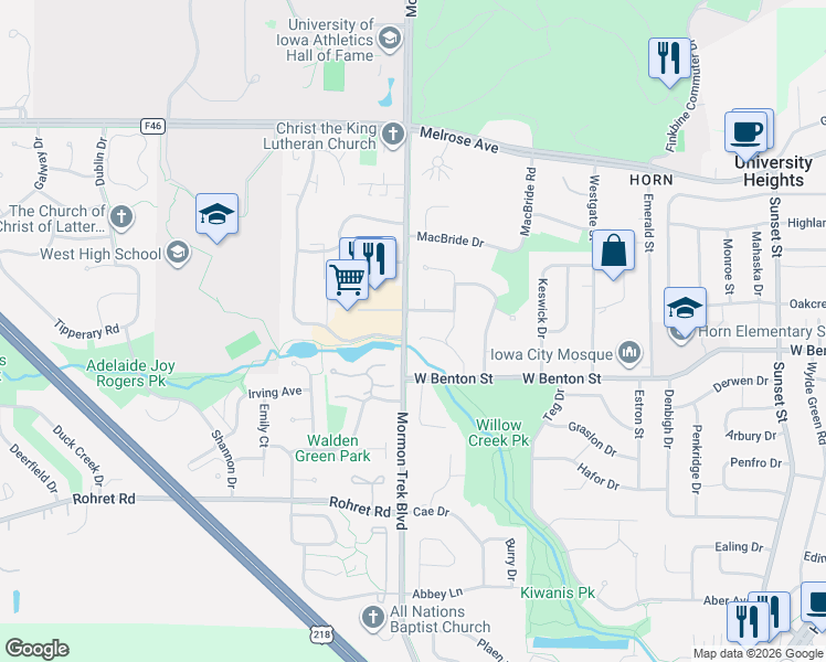 map of restaurants, bars, coffee shops, grocery stores, and more near 2357 Willowbrooke Lane in Iowa City
