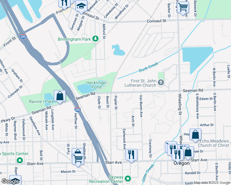 map of restaurants, bars, coffee shops, grocery stores, and more near Seaman Rd & Poplar St in Toledo