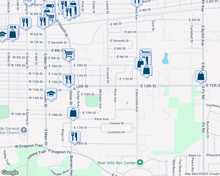 map of restaurants, bars, coffee shops, grocery stores, and more near 1124 Penn Avenue in Mishawaka