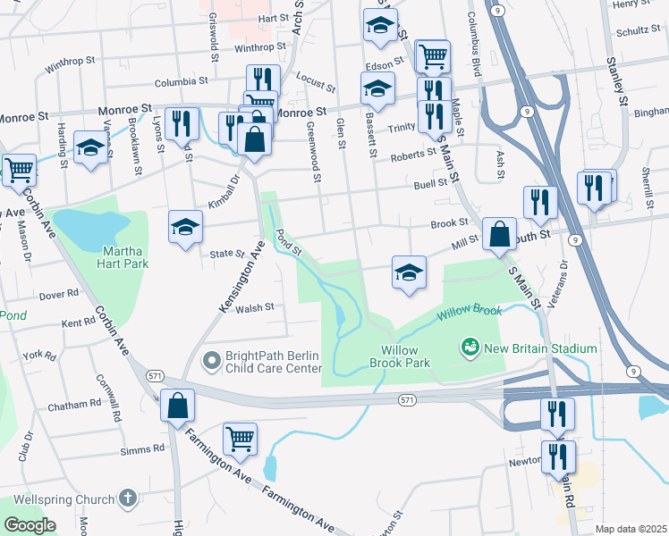 map of restaurants, bars, coffee shops, grocery stores, and more near 205 Mill Street in New Britain