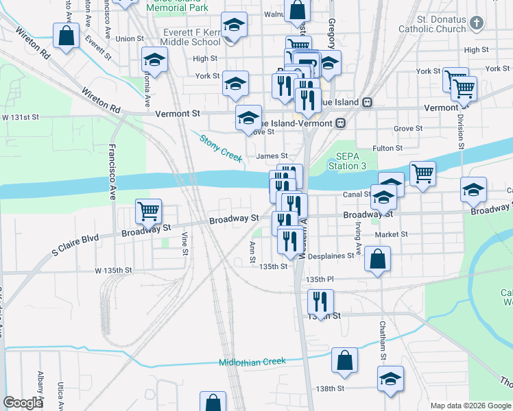 map of restaurants, bars, coffee shops, grocery stores, and more near 2524 Ann Street in Blue Island