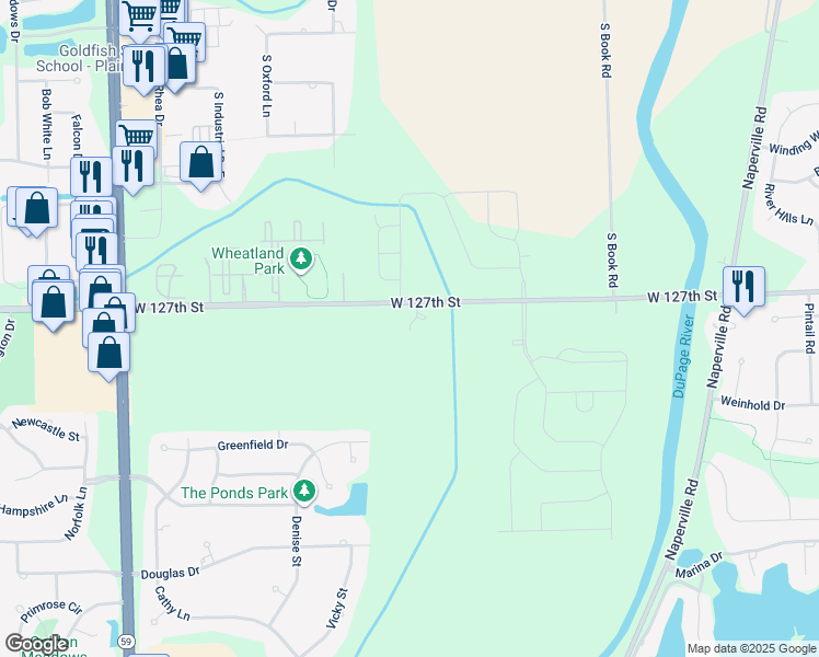 map of restaurants, bars, coffee shops, grocery stores, and more near 23507 West 127th Street in Plainfield