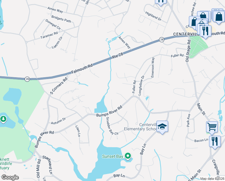 map of restaurants, bars, coffee shops, grocery stores, and more near 55 Rainbow Drive in Barnstable