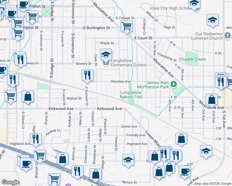 map of restaurants, bars, coffee shops, grocery stores, and more near 840 Maggard Street in Iowa City