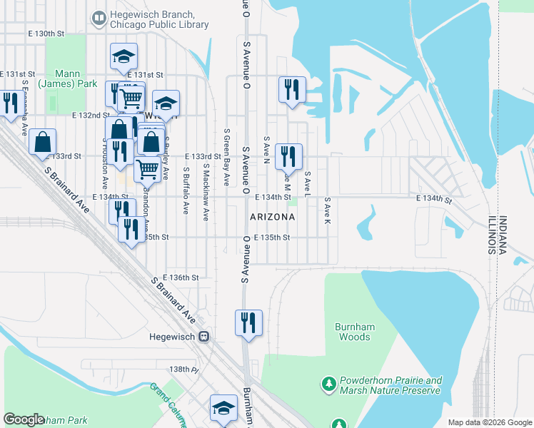 map of restaurants, bars, coffee shops, grocery stores, and more near 13445 South Avenue North in Chicago
