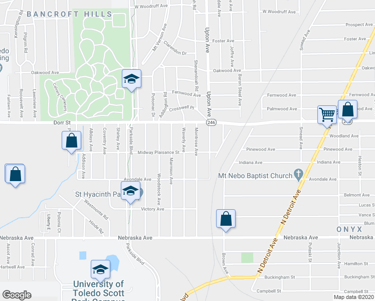 map of restaurants, bars, coffee shops, grocery stores, and more near 1100 Waverly Avenue in Toledo