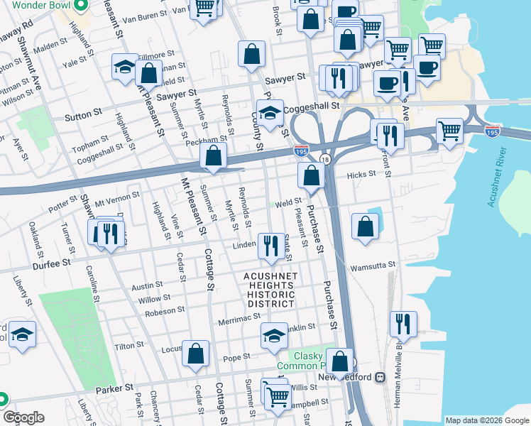 map of restaurants, bars, coffee shops, grocery stores, and more near 869 County Street in New Bedford