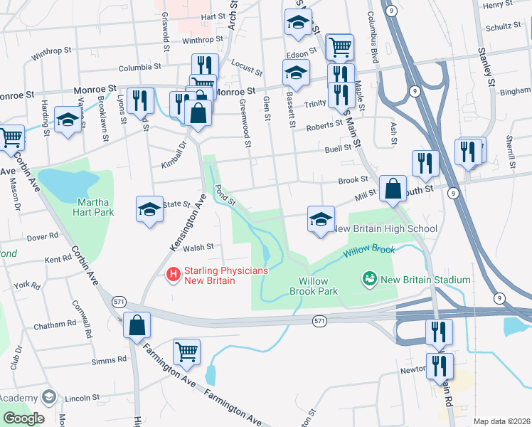 map of restaurants, bars, coffee shops, grocery stores, and more near 205 Mill Street in New Britain