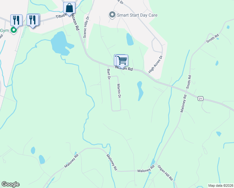 map of restaurants, bars, coffee shops, grocery stores, and more near 17 Martin Drive in Poughkeepsie