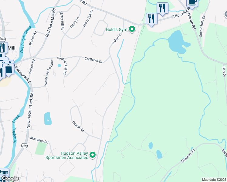 map of restaurants, bars, coffee shops, grocery stores, and more near 58 Daley Road in Poughkeepsie