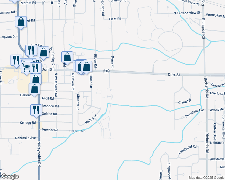 map of restaurants, bars, coffee shops, grocery stores, and more near 1120 Pine Valley Lane in Toledo
