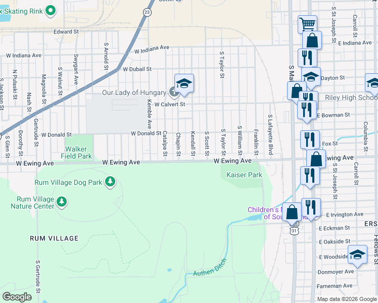 map of restaurants, bars, coffee shops, grocery stores, and more near 735-799 W Ewing Ave in South Bend