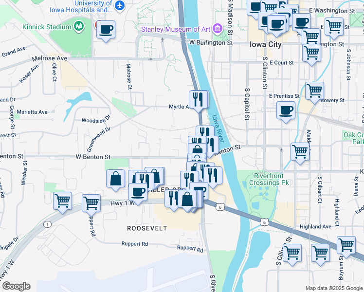 map of restaurants, bars, coffee shops, grocery stores, and more near 206 West Benton Street in Iowa City