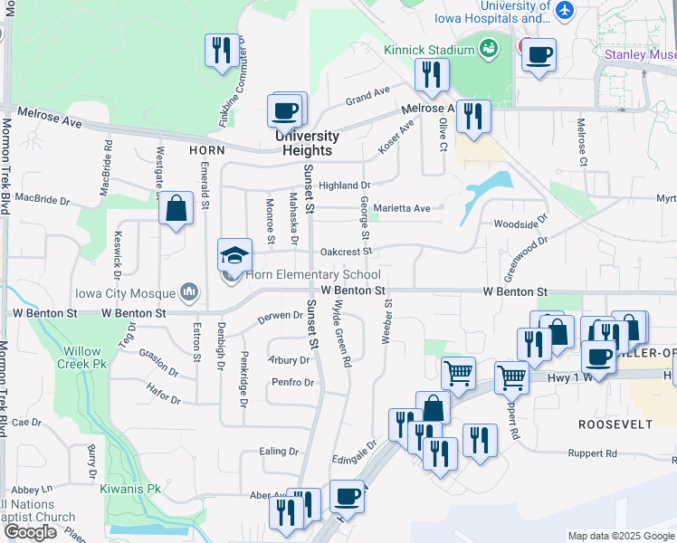 map of restaurants, bars, coffee shops, grocery stores, and more near in Iowa City