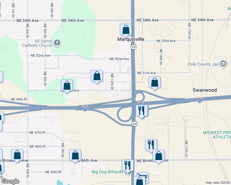 map of restaurants, bars, coffee shops, grocery stores, and more near 4940 Northeast 14th Street in Des Moines