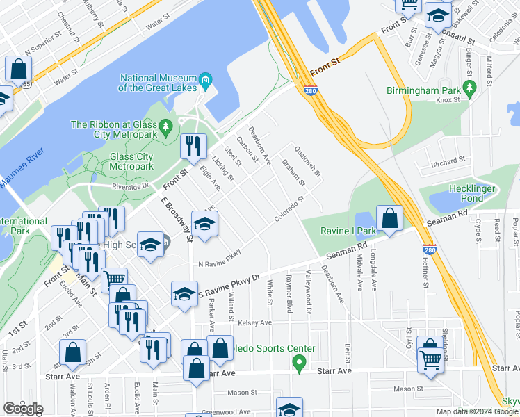 map of restaurants, bars, coffee shops, grocery stores, and more near 245 Licking Street in Toledo