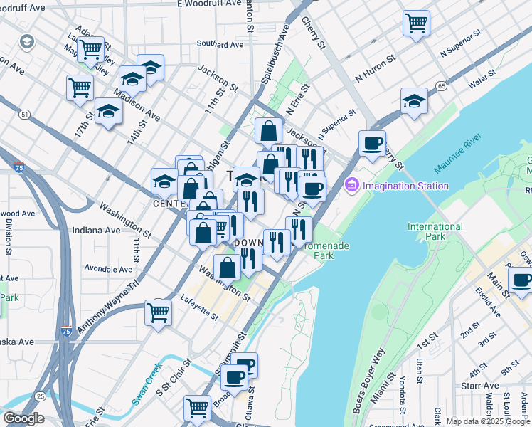 map of restaurants, bars, coffee shops, grocery stores, and more near 500 Jefferson Avenue in Toledo