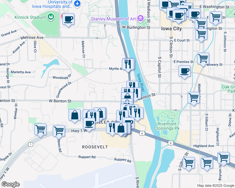 map of restaurants, bars, coffee shops, grocery stores, and more near 206 West Benton Street in Iowa City