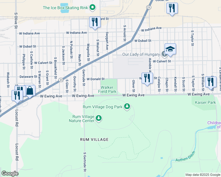 map of restaurants, bars, coffee shops, grocery stores, and more near 1305 West Ewing Avenue in South Bend