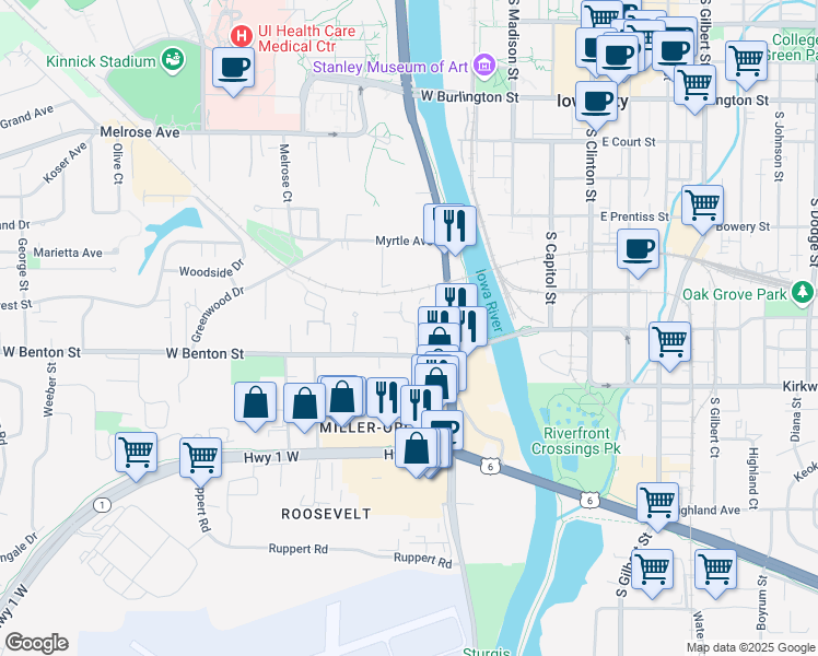 map of restaurants, bars, coffee shops, grocery stores, and more near 206 West Benton Street in Iowa City