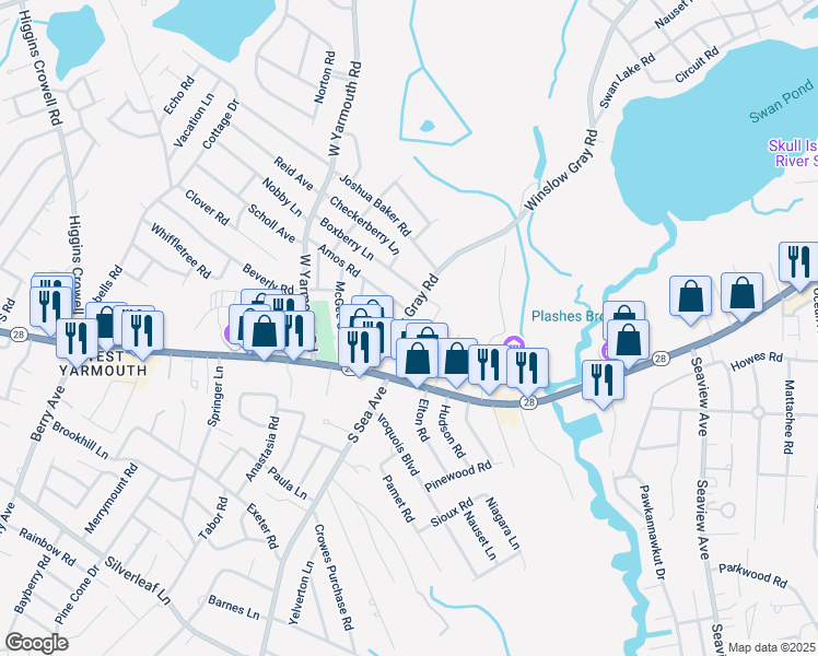 map of restaurants, bars, coffee shops, grocery stores, and more near 32 Winslow Gray Road in Yarmouth