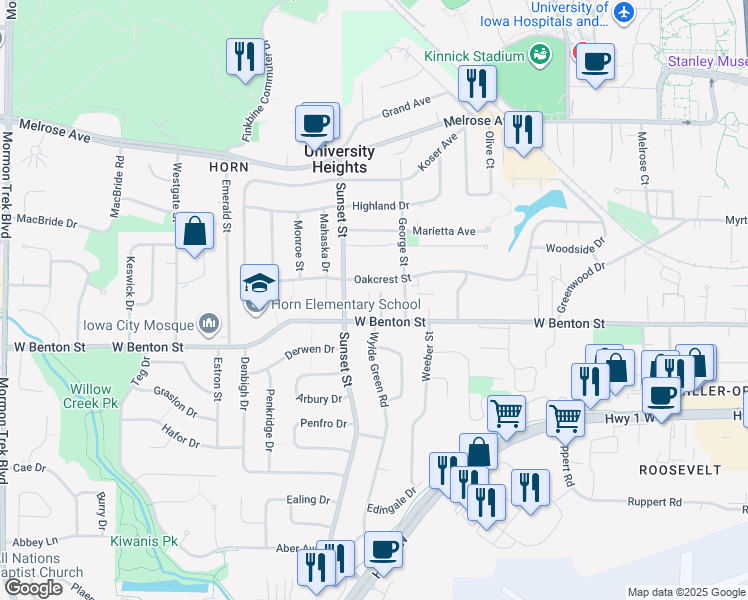 map of restaurants, bars, coffee shops, grocery stores, and more near in Iowa City