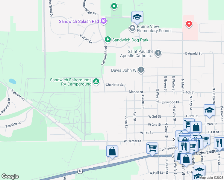 map of restaurants, bars, coffee shops, grocery stores, and more near 711 Lisbon Street in Sandwich