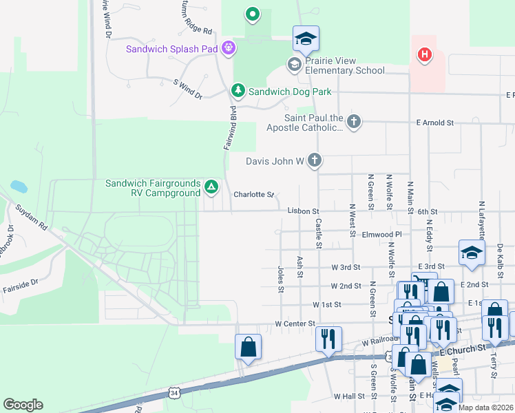 map of restaurants, bars, coffee shops, grocery stores, and more near 711 Lisbon Street in Sandwich