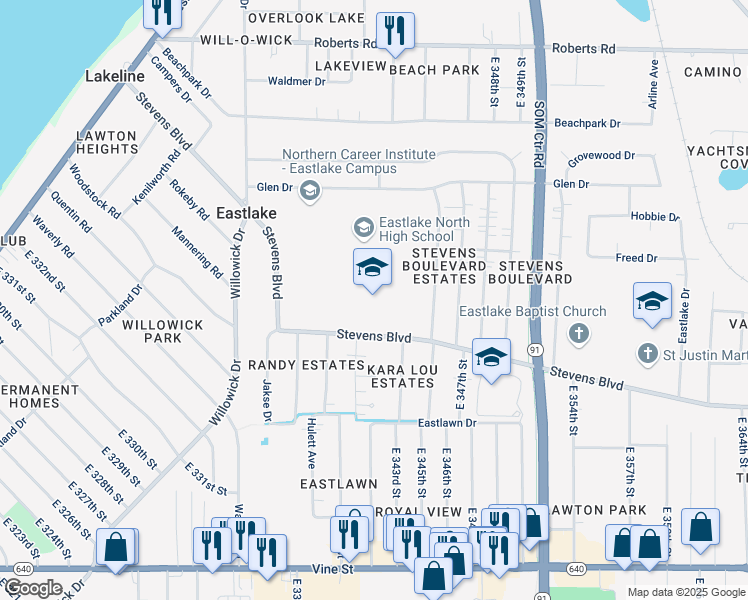 map of restaurants, bars, coffee shops, grocery stores, and more near 34237 Stevens Boulevard in Eastlake