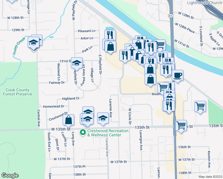 map of restaurants, bars, coffee shops, grocery stores, and more near 13301 Laramie Avenue in Crestwood