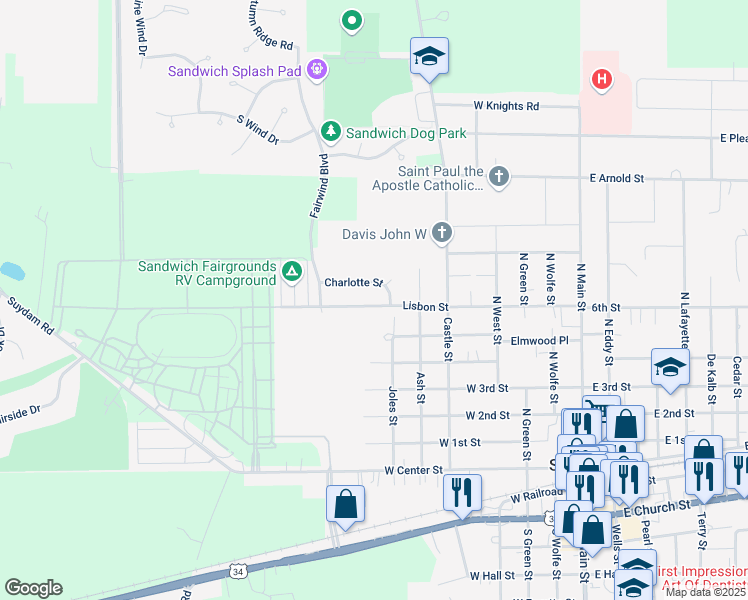 map of restaurants, bars, coffee shops, grocery stores, and more near 609 Lisbon Street in Sandwich