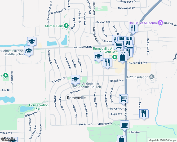 map of restaurants, bars, coffee shops, grocery stores, and more near 607 Glen Avenue in Romeoville