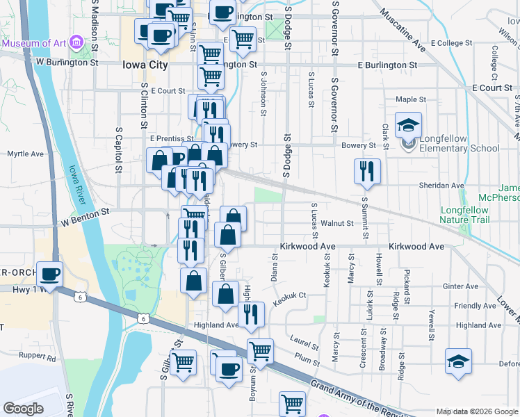 map of restaurants, bars, coffee shops, grocery stores, and more near 621 Walnut Street in Iowa City