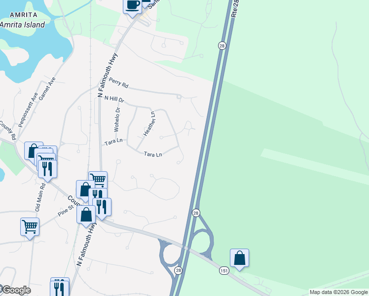 map of restaurants, bars, coffee shops, grocery stores, and more near 75 Frederick B Douglas Road in Falmouth