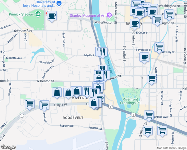 map of restaurants, bars, coffee shops, grocery stores, and more near 206 West Benton Street in Iowa City