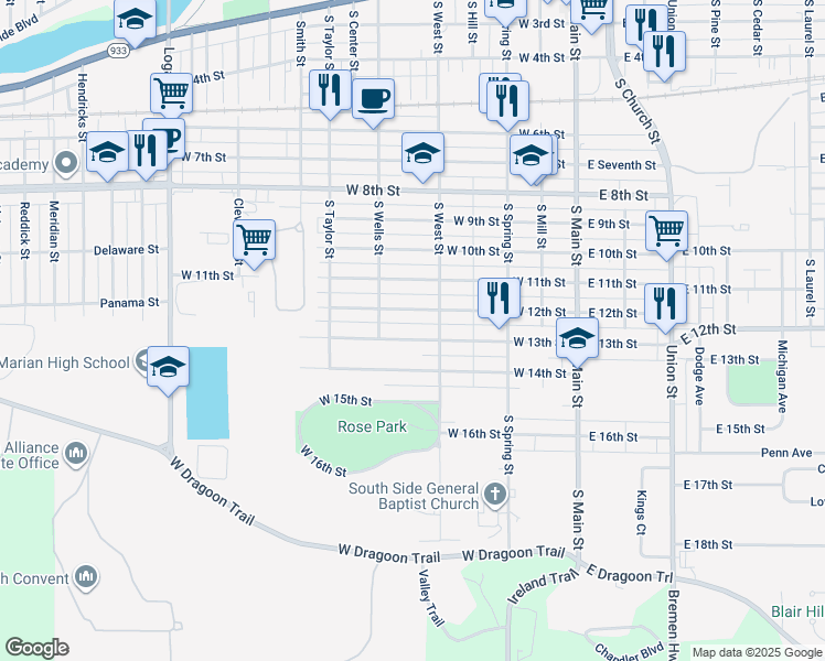 map of restaurants, bars, coffee shops, grocery stores, and more near 501-649 West 13th Street in Mishawaka