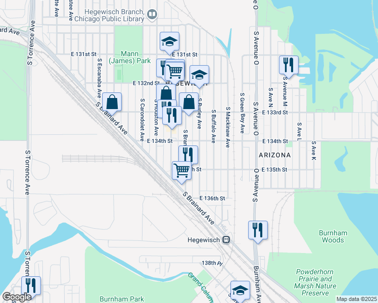 map of restaurants, bars, coffee shops, grocery stores, and more near 13421 South Brandon Avenue in Chicago