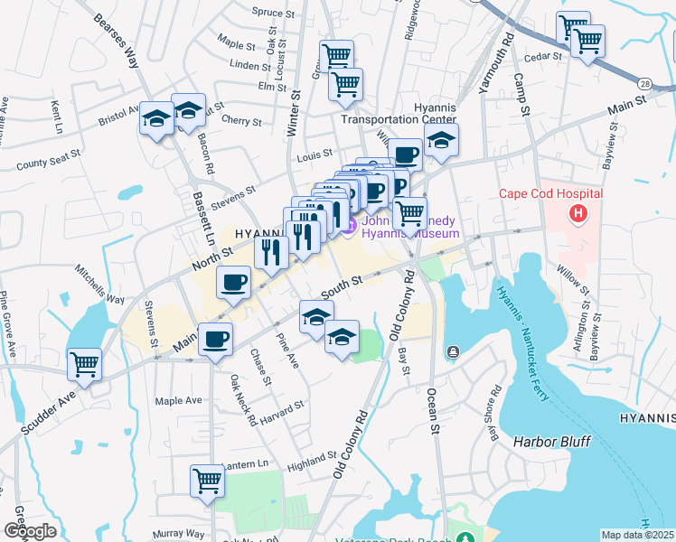 map of restaurants, bars, coffee shops, grocery stores, and more near Pearl Street in Barnstable