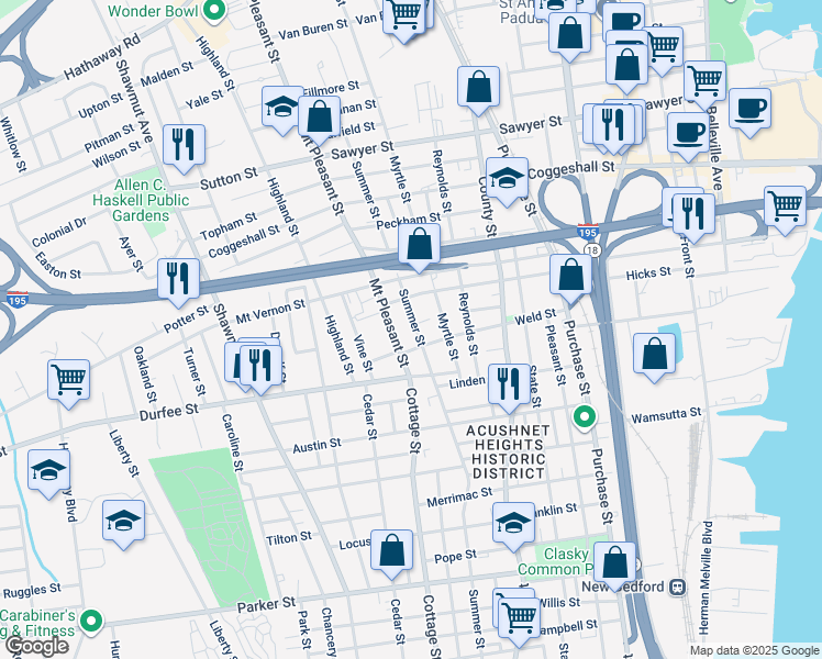 map of restaurants, bars, coffee shops, grocery stores, and more near 446 Summer Street in New Bedford