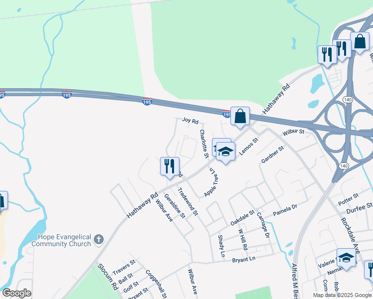 map of restaurants, bars, coffee shops, grocery stores, and more near 60 Nellie Road in New Bedford