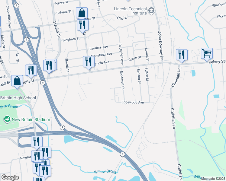 map of restaurants, bars, coffee shops, grocery stores, and more near 33 Dunlay Street in New Britain
