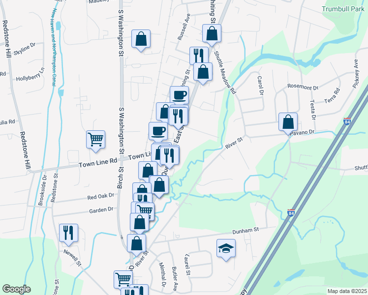 map of restaurants, bars, coffee shops, grocery stores, and more near 1273 Queen Street in Southington