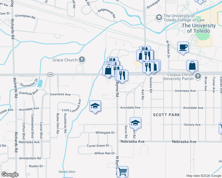 map of restaurants, bars, coffee shops, grocery stores, and more near 1011 North Byrne Road in Toledo